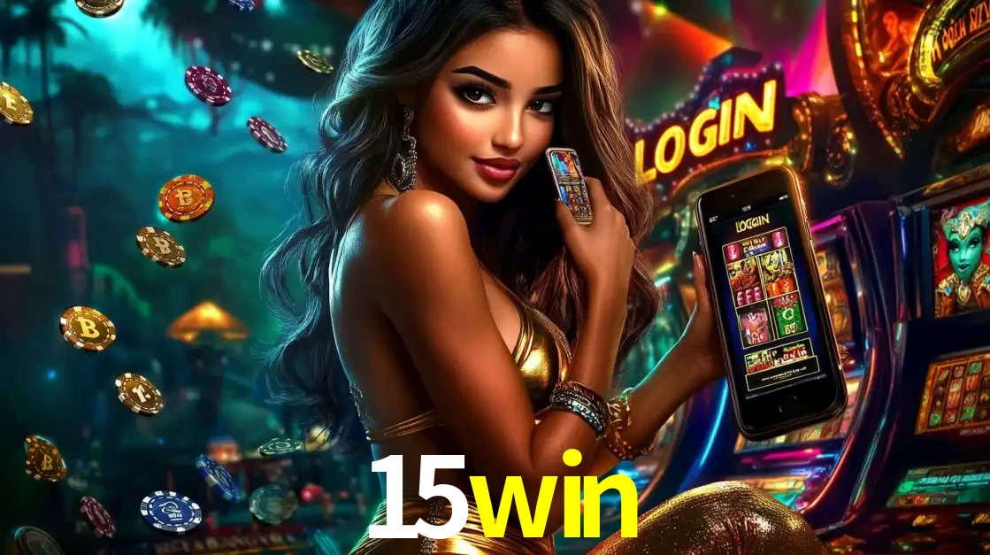 Mulher em um cenário de cassino temático de aventura, mostrando o app de caça-níqueis da 15win no celular. Fichas de apostas flutuam ao redor.