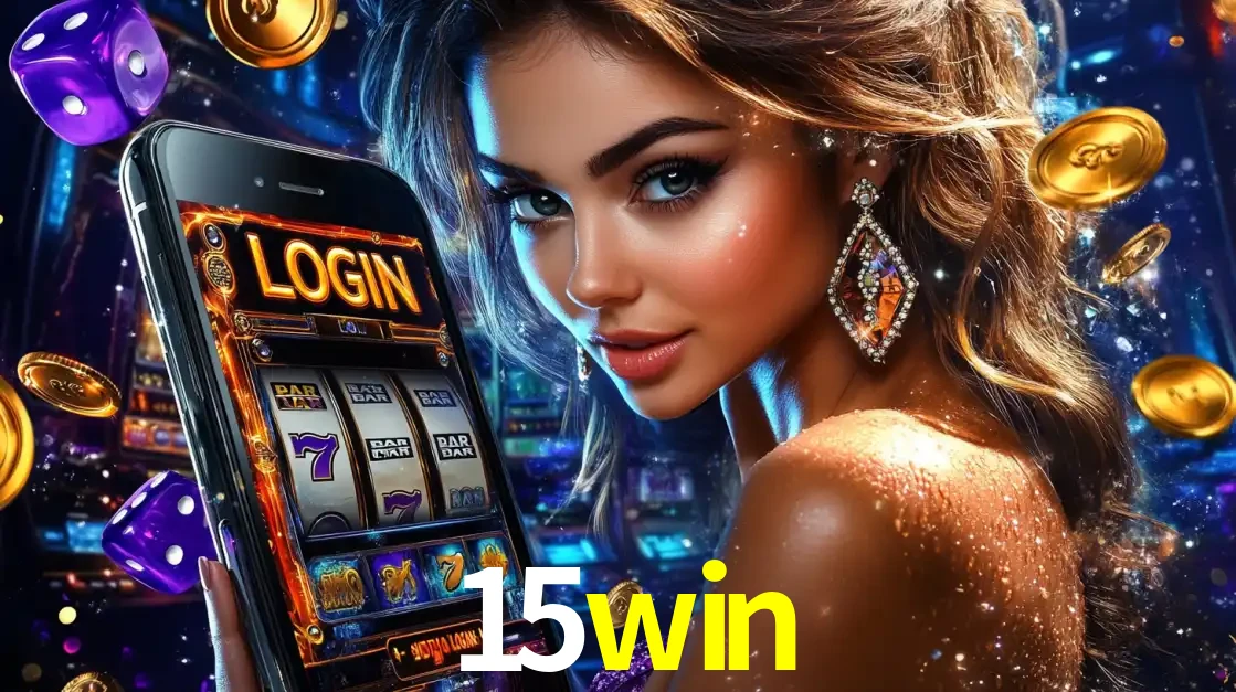 Mulher glamorosa segurando um smartphone com a tela de login para os jogos de caça-níqueis do cassino online 15win, com moedas de ouro e dados ao redor.